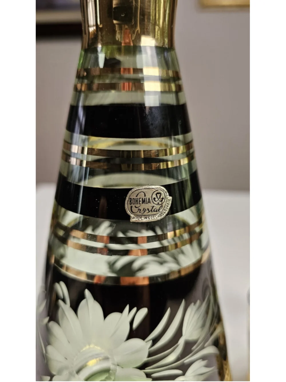 MCM Bohemian Green Glass Decanter & 22K Gold Stripe Floral Etched Cordial Set